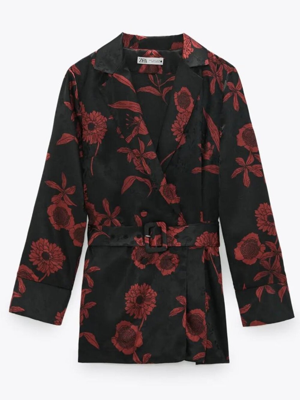 Zara Black Burgundy Floral Satin Jacquard Smoking Jacket Belted Blazer Blouse M